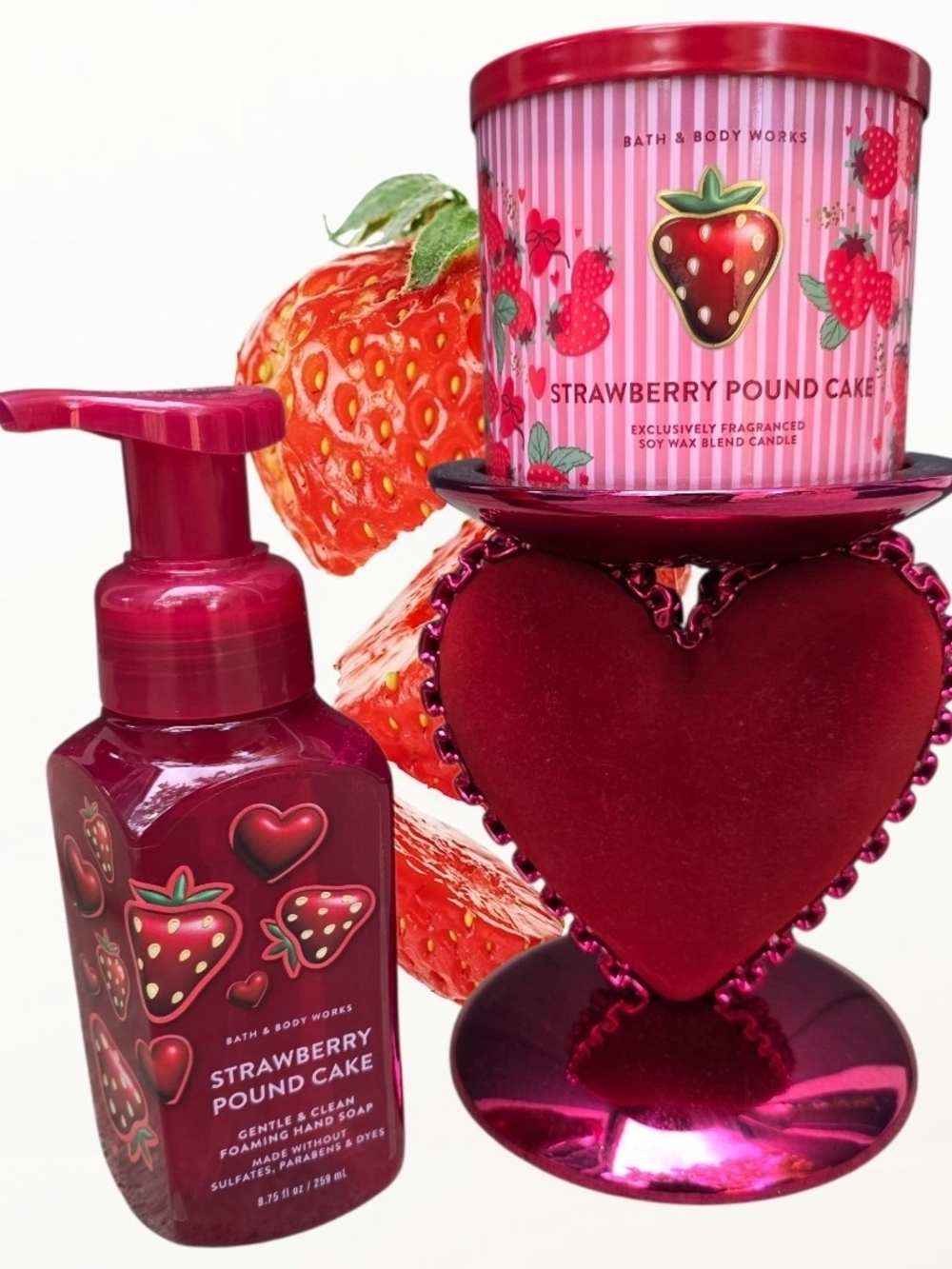 BBW Strawberry Pound Cake Heart-Shaped 3-Wick Candle Set